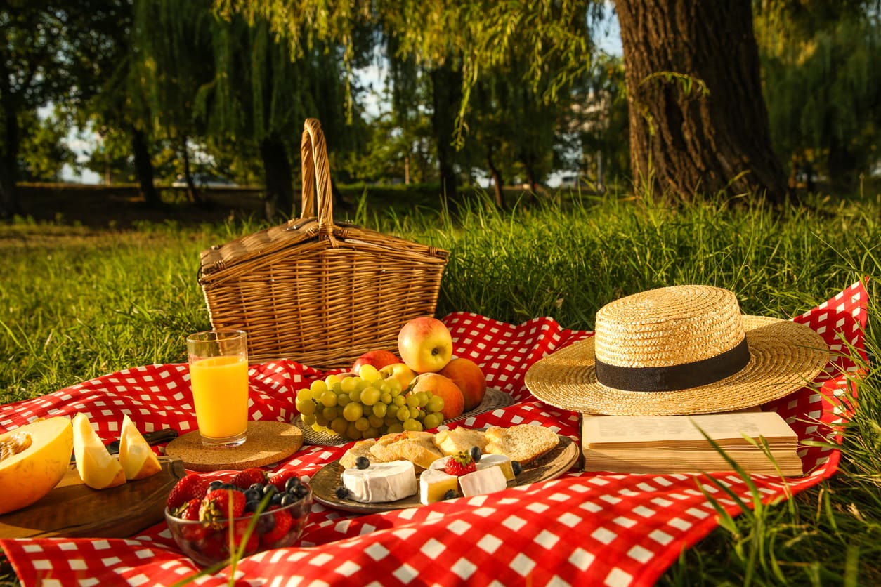 Picnic blanket with delicious food and juice in park Picnic blanket with delicious food and juice in park